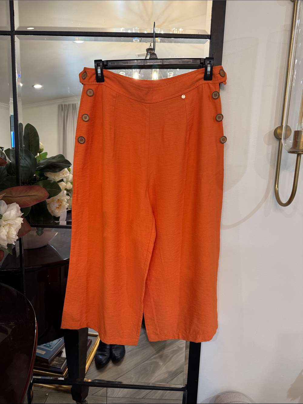 High-Rise Wide-Leg Button-Trim Pants in Orange